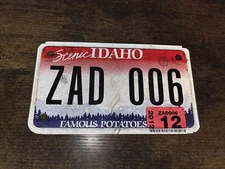 Idaho State "Famous Potatoes" Motorcycle License Plate, #ZAD 006, 7"x4", 2012