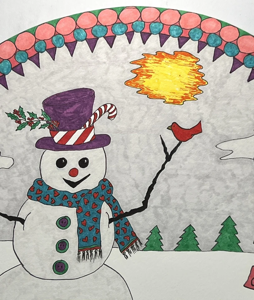 Dibujo Muñeco de Nieve Redondo Invierno Arte Nieve 10.5” Redondo Cardenal Feliz Navidad Foto 4 de 4