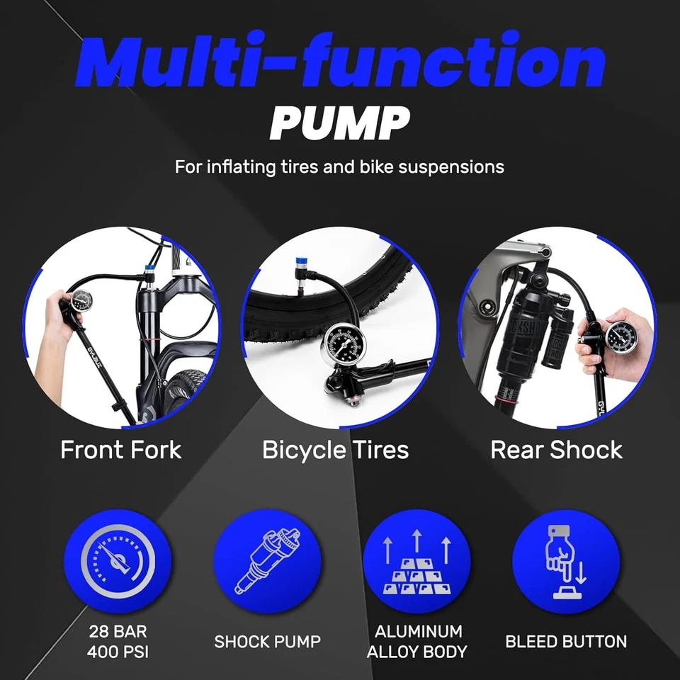 Bomba de choque para bicicleta de alta presión 400 psi Schrader neumáticos ligeros horquilla suspensión Foto 2 de 4