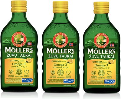 3x Möllers Omega 3 Zitrone Vitamin D Lebertran hochrein natürlich EPA DHA 250ml