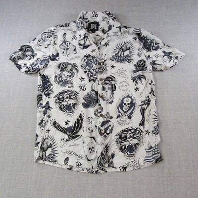Ed Hardy Shirt Men's Small ''Graphic All Over Print'' Buttons, Tiger, Skulls, ect.