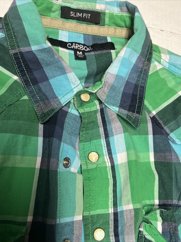 Camicia Carbonio Uomo M Perla Bottoni a Scatto Slim Fit Cowboy Western Verde Rigato - Foto 6 di 15