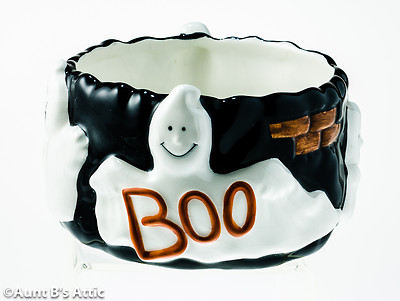 Halloween Planter Candy Dish FTD Black & White Ceramic Cute Smiling Ghost Dish 