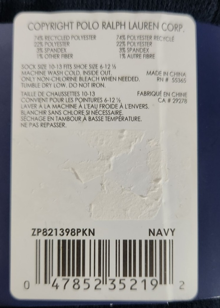 PONY Polo Ralph Lauren 6 Paia Calze Sportive Crew Navy con Grande Cavallo Rosso Taglia 10 13