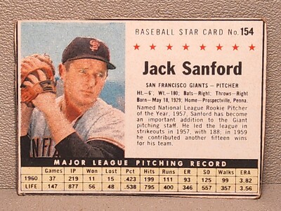 1961 Post Baseball Card ~ No. 154 ~Jack Sanford ~ San Francisco
