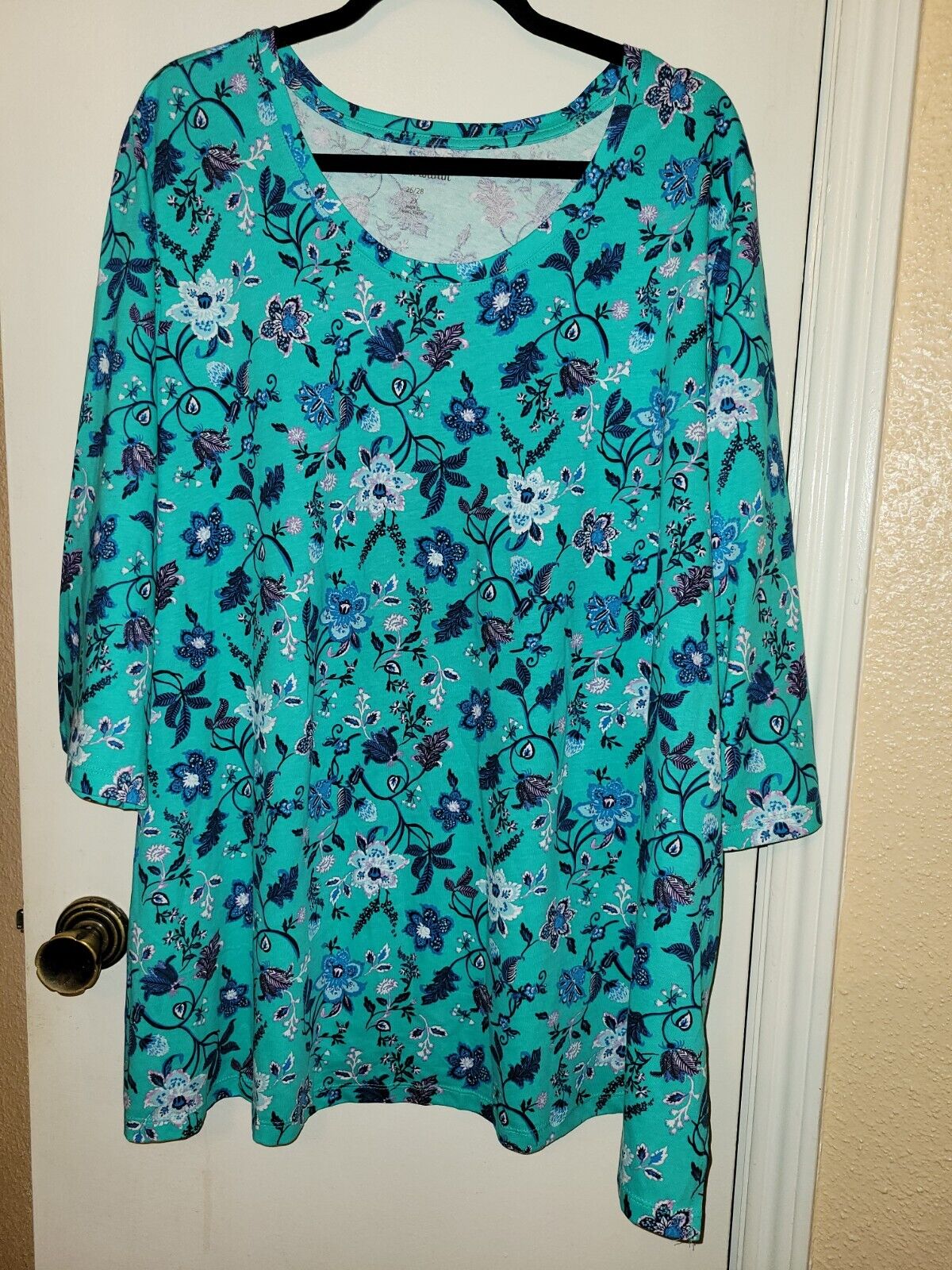 Woman Within teal green floral top shirt plus 2X-26/28 Cotton 100%