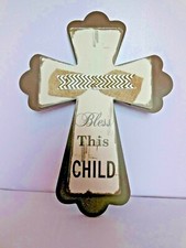 BLESS THIS CHILD Wooden Cross Wall Hanging 16" x 12" Taupe  Ivory New Baby Gift