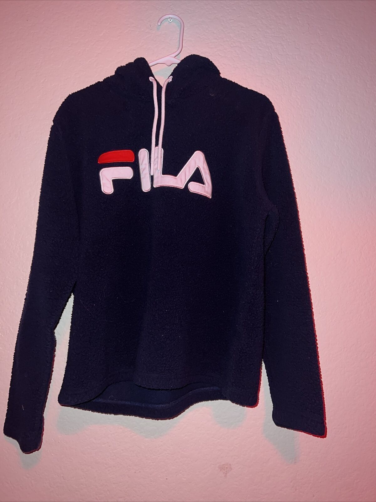 FILA Big Fleece Hoodie XL Navy Retrò Donna Ricamato Emblema Giacca Pile Profondo