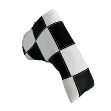 Black and White Checkered Stitched Blade Putter Cover With Magnetic Closure