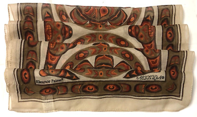 ELEANOR PAINE AESOTICA BY OSCARD VINTAGE SCARF BEIGE BROWN ORANGE TRIBAL SCARF