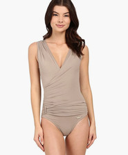 Vince Camuto V-neck Draped Surplus One-Piece Swimsuit Light Brown Size 12 01329