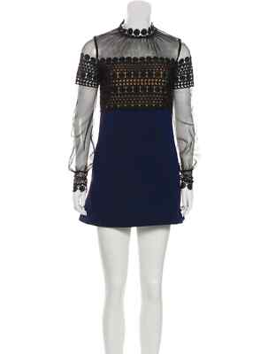 NEW SELF-PORTRAIT LACE MESH LONG SLEEVE MINI DRESS BLACK BLUE SIZE XS US 0 UK 4