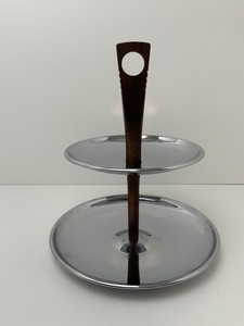 Vintage-MCM-Party-Tray-2-Tier-Serving-Chrome-w-Wood-Handle-9-High-Mid-Century