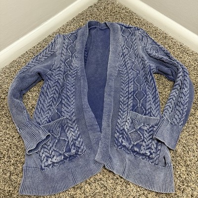 Grandma Core Blue Cable Knit Cardigan Sweater with Pockets Women's Size Medium M