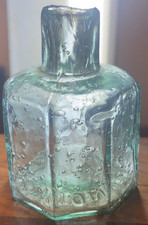 Antique Burst Top INK BOTTLE Octagon 8 sided Aqua Sheared Cork Top
