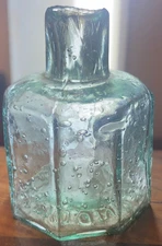 Antique Burst Top INK BOTTLE Octagon 8 sided Aqua Sheared Cork Top Free Shipping