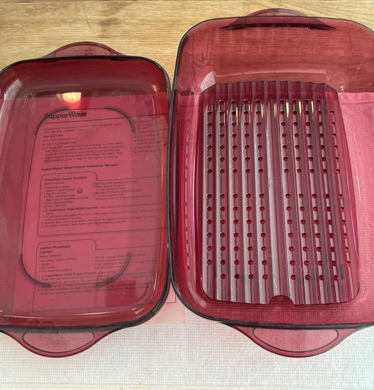 Tupperware Microwave Steamer Cookware 3 pcs Rectange 9" x 6" Cranberry w/Recipes