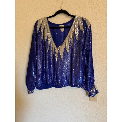 Judith Ann Creations Vintage 80s Silk Sequin Blouse Royal Blue Silver V-Neck L