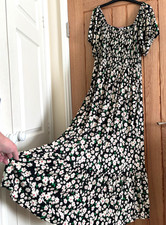 Joe Browns Black & Ivory Floral Print Jersey Shirred Long Dress, Size 18