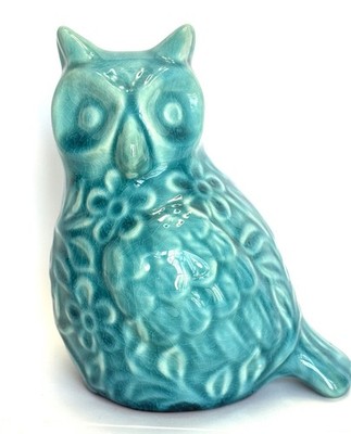 Owl Ceramic Figurine Home Garden Decor 3D 6.5x5.5  Teal Detailed Finish