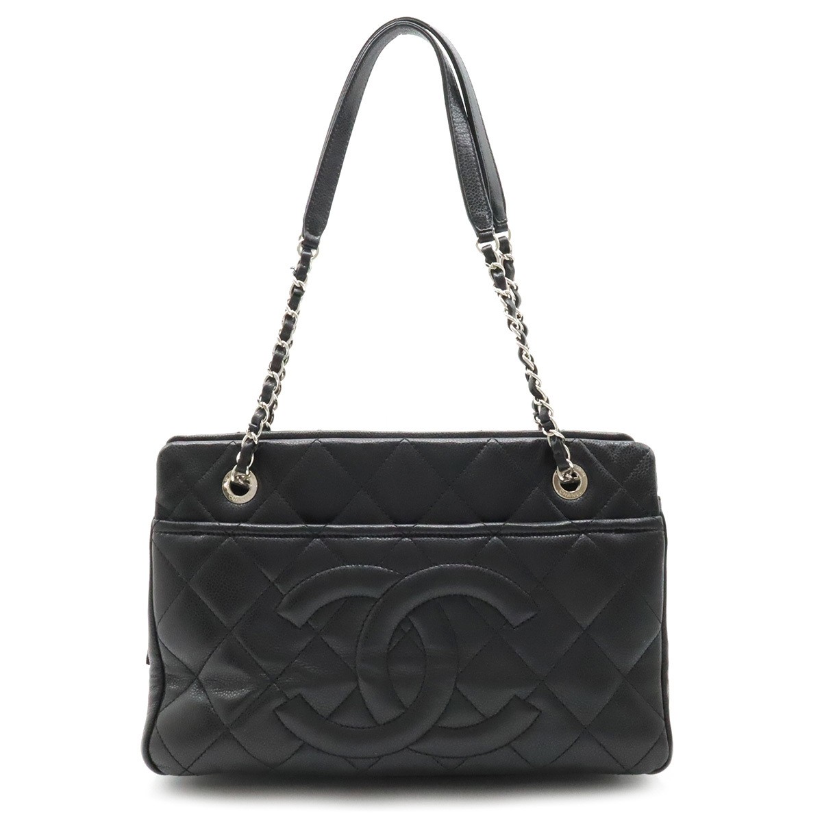 CHANEL Coco Mark Chain Tote in Black Caviar Leather with Matelassé Stitching
