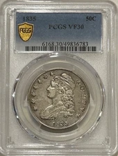 1835 Capped Bust Silver Half Dollar PCGS VF30 Gold Shield
