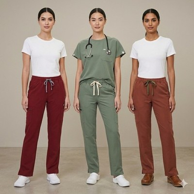 FIGS Technical Collection XL Scrub Set Olive Green & 2 Extra Pants Red/Brown XLT