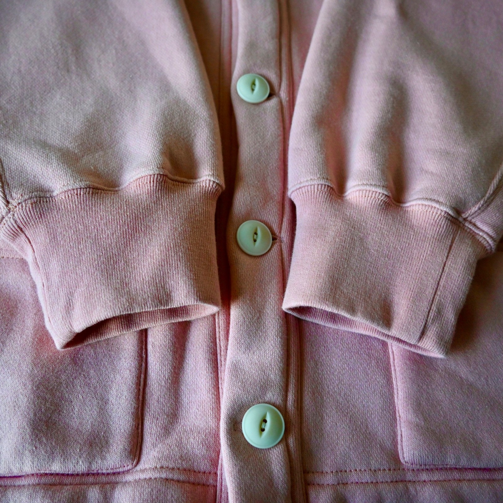 BEAMS Plus soft-fleeced sweat V cardigan, light pink, made in Japan,  size L
