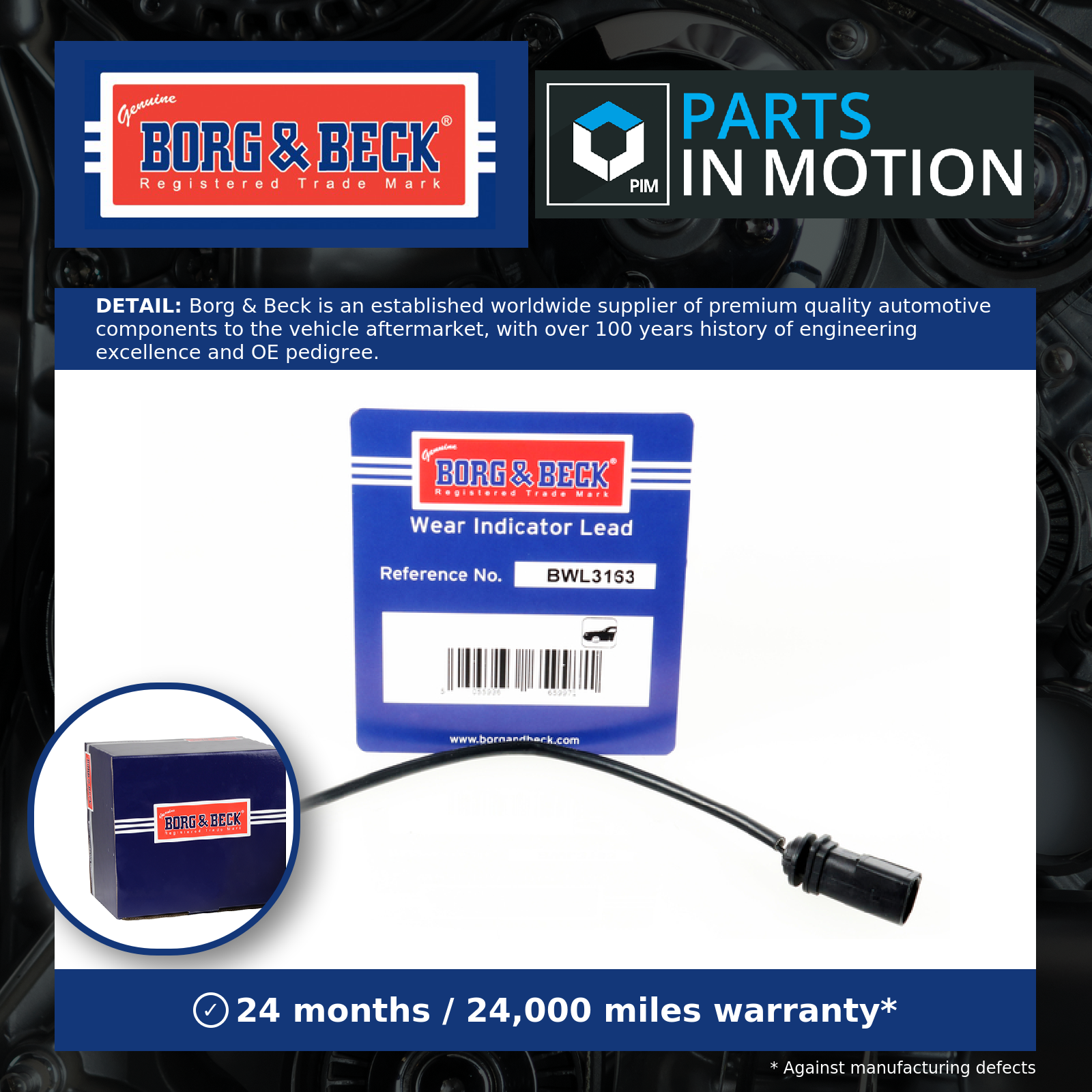 Brake Pad Wear Indicator Sensor Front BWL3163 Borg & Beck Warning Contact Wire