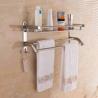 Stainless Steel Double Rail Towel Holder Bar Rack with Storage Shelf and Hooks