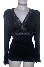 90s Y2k Womens Black Studded Sheer Sleeve Babydoll Whimsigoth Vampy Top Sz L