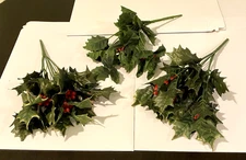 Vintage Holly Red Berry Plastic/Cloth Sprigs Picks 12" Lot of 3 Decor Crafting