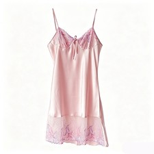 Women's 100 Mulberry Silk Satin Slip Nightgown Lace Embroidery Pink Size Small