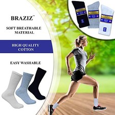 BRAZIZ 12 PAIRS NON-BINDING CUSHION COTTON DIABETIC CREW SOCKS MEN'S - BLACK