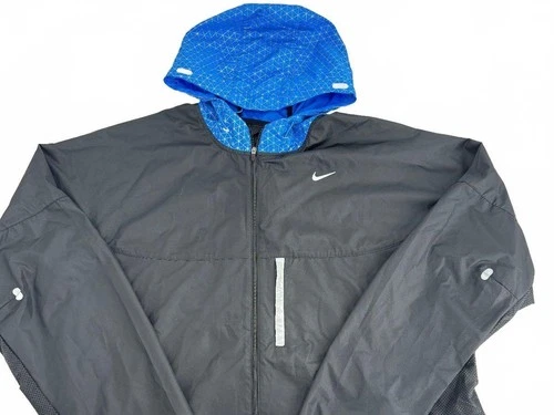 Nike Men's XL Running Jacket Black Blue Reflective Hood Flash Full Zip - product listing photo