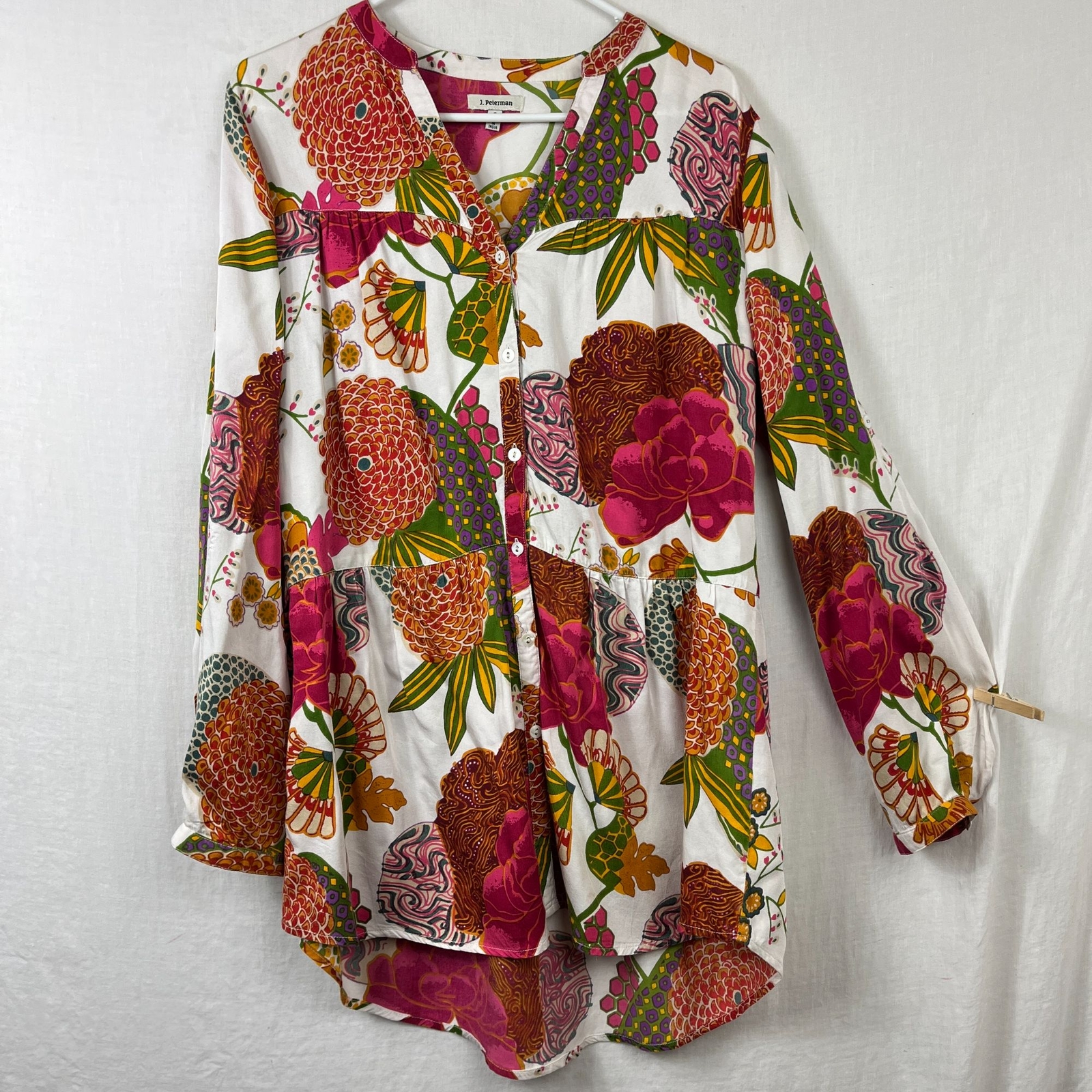 J Peterman Oversized Boho Long Sleeve Mini Dress Womens 8 Floral Tunic Slouchy