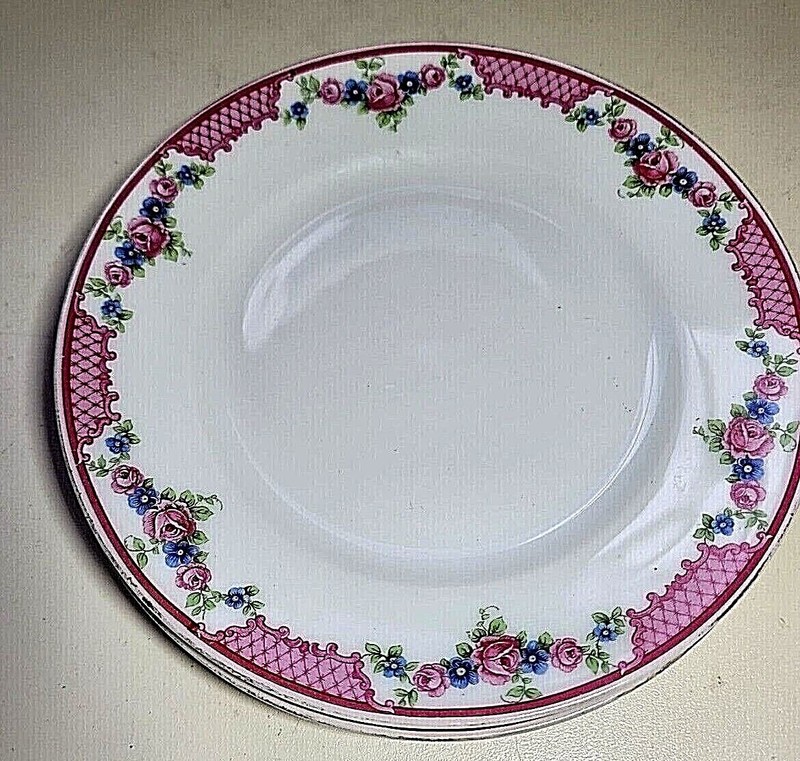  2 Victoria Czechoslovakia Pink Rose Garlands & Pink Lattice 6.5" Dessert Plates
