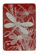 Single Playing Card Vintage Antique Lacquer "Dragonflies" DR-2-1 D, Red/Silver