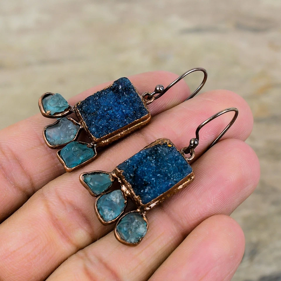Gift For Her Copper Blue Druzy Jewelry Electroformed Drop/Dangle Earrings 1.77" - Image 4 of 4
