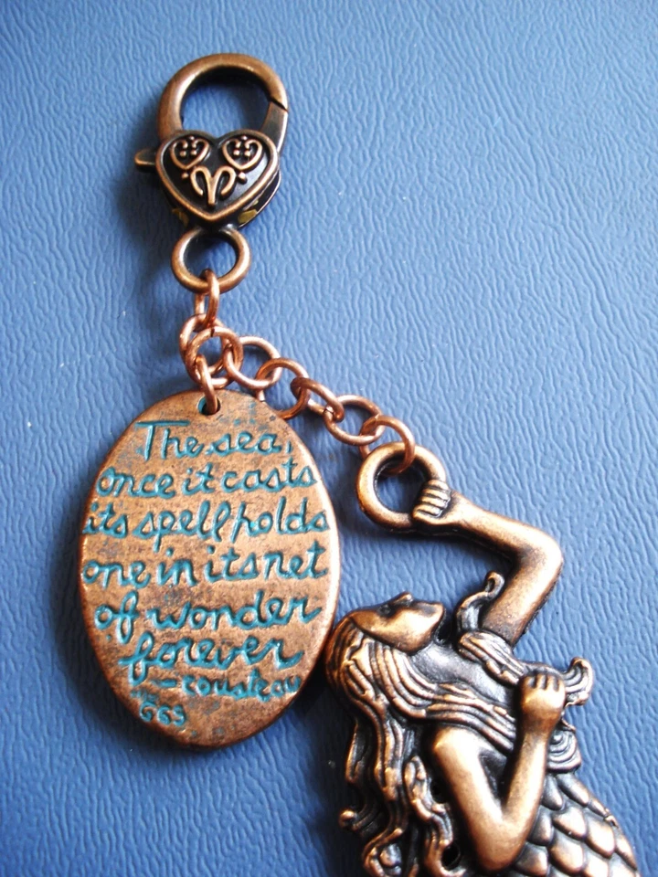 6" Drop Dangle Antiqued Copper Mermaid Seahorse Heart Clasp Key Ring Purse Glitz - Image 3 of 4