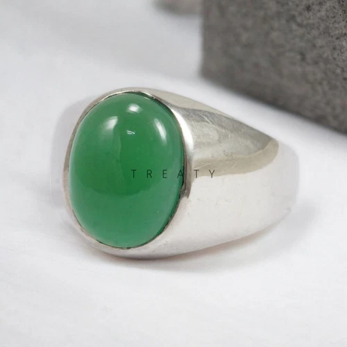 Jade Oval Cut Gemstone With 14K Solid White Gold Ring For Men's #992