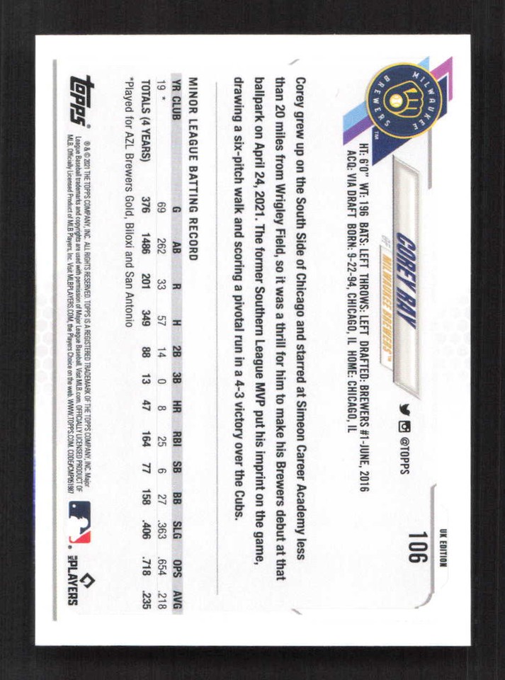 Corey Ray Rookie 2021 Topps UK Edition Milwaukee Brewers #106 | eBay