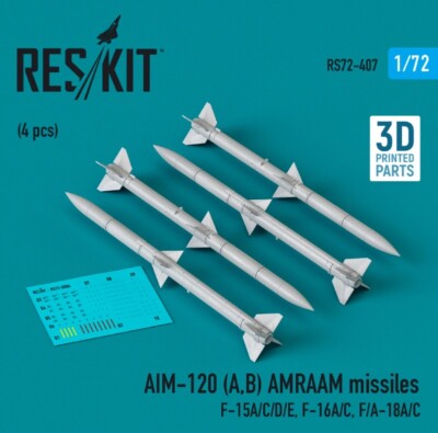 Reskit RS72-0407 AIM120 A,B AMRAAM missiles F-15A/C/D/E, F-16A/C, F/A-18A/C 1/72