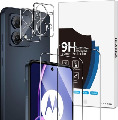 QULLOO Vetro Temperato Per Motorola Moto G55 – Kit 2 Pellicole Schermo + 2 Protezioni Fotocamera, Durezza 9H, Anti Graffio, HD, Anti Impronte
