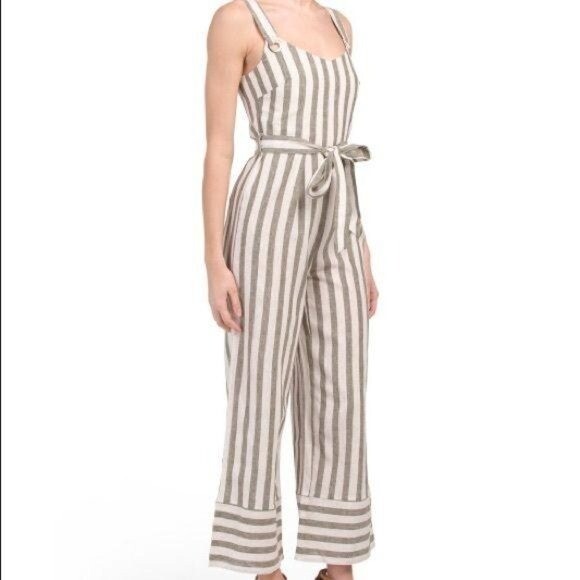 Japna Cotton Linen Striped Jumpsuit XS Tan White