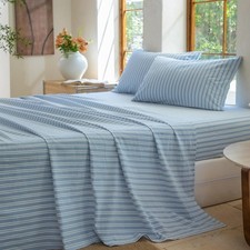 Striped Bedding Sheet Set 4 Pcs,100 Washed Cotton Linen Like,1 Fitted Sheet,...