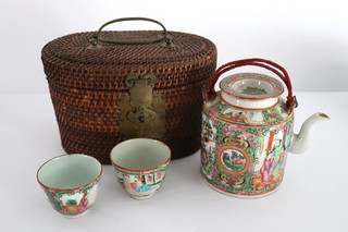 Antique Chinese Famille Rose Medallion Porcelain Teapot Set with Cups & Basket