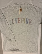 New Victoria's Secret LOVE PINK Shirt (L) Long Sleeve Top Bling Logo Tee NWT