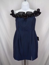 Lulus Black Blue Polka Dot Off Shoulder Mini Dress Size Small Ruffle Slit New