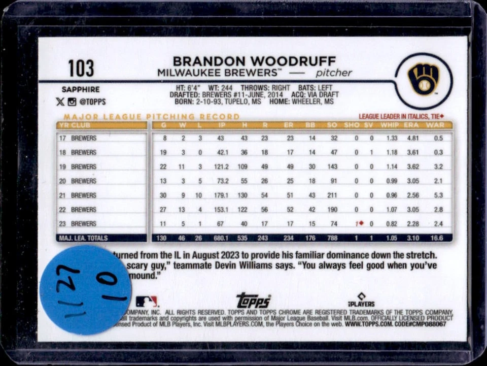 2024 Topps Chrome Sapphire Brandon Woodruff Orange Refractor #14/25 Brewers - Image 2 of 2
